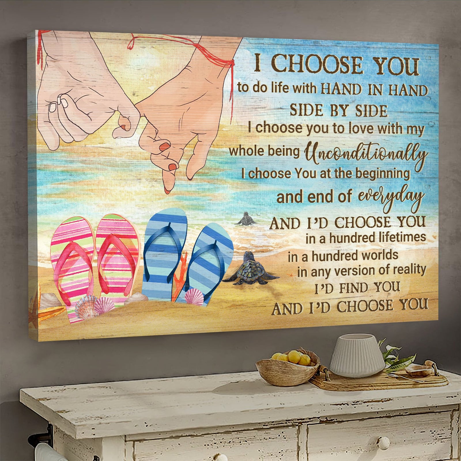 Couple on the beach, Hand in hand, Turtle, I Choose you to love with my whole being - Couple Landscape Canvas Prints, Wall Art