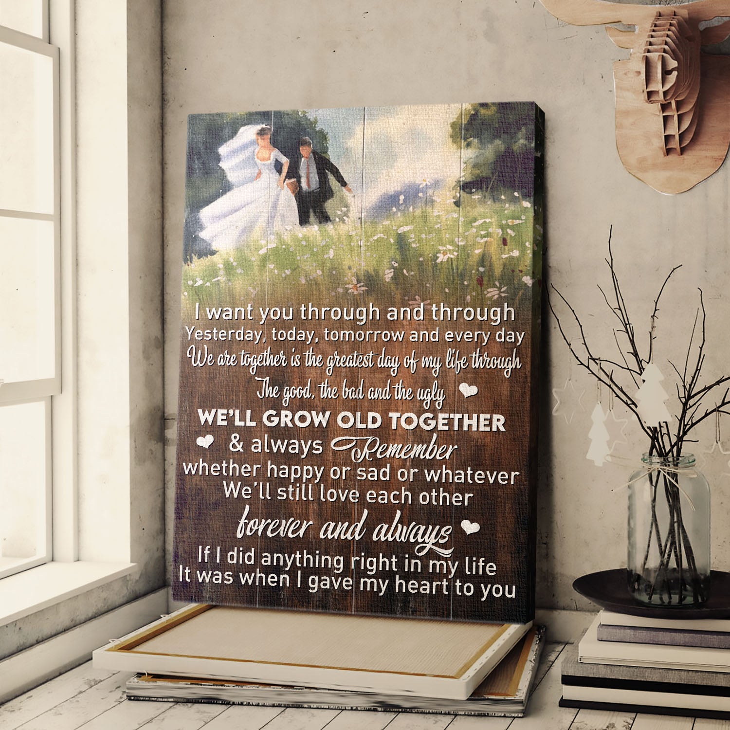 Wedding day, Green meadow, Blue sky, We'll still love each other forever and always - Couple Portrait Canvas Prints, Wall Art