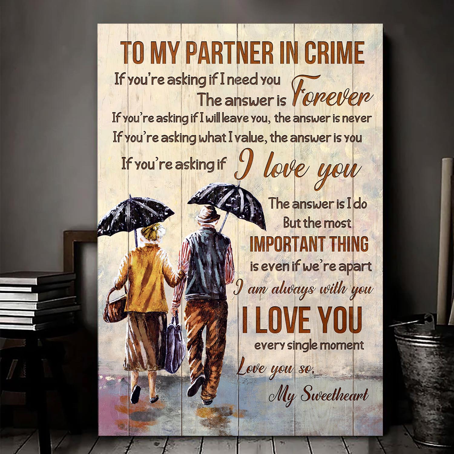 Older Couple, Rainy Day, To my partner in crime, I love you every single moment - Couple Portrait Canvas Prints, Wall Art
