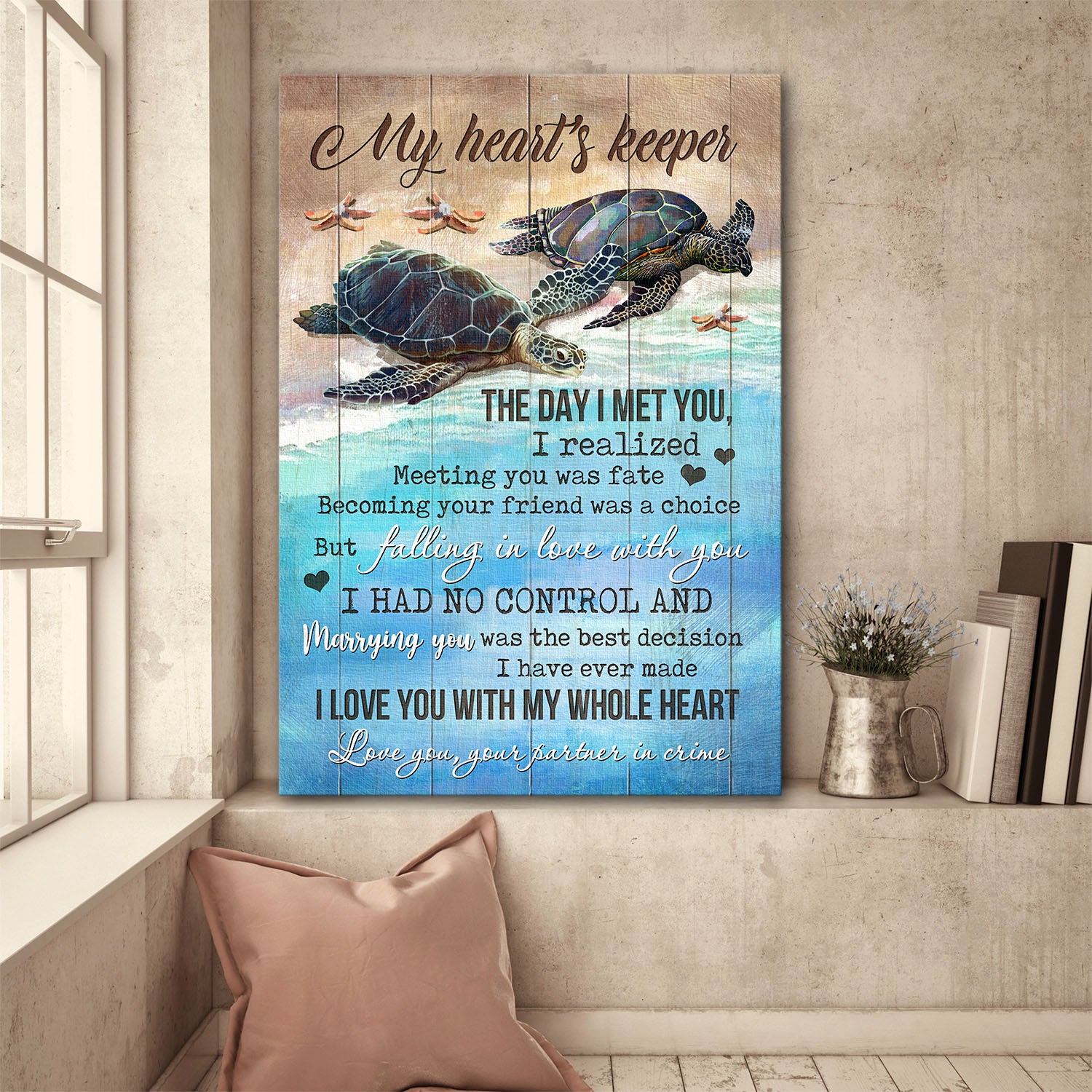 Turtle, Sand beach, Starfish, My heart's keeper, I love you with my whole heart - Couple Portrait Canvas Prints, Wall Art