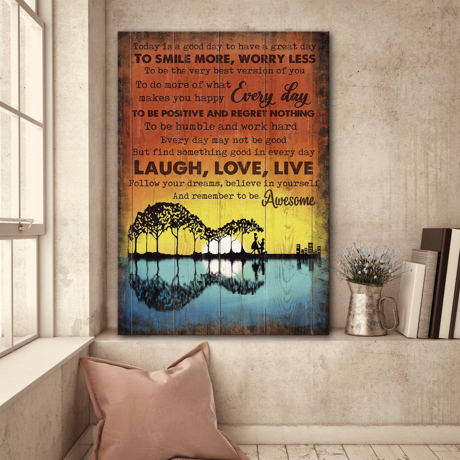 Propose, Sunset Landscape, Shadow, By the Riverside, Laugh love live and remember to be awesome - Couple Portrait Canvas Prints, Wall Art