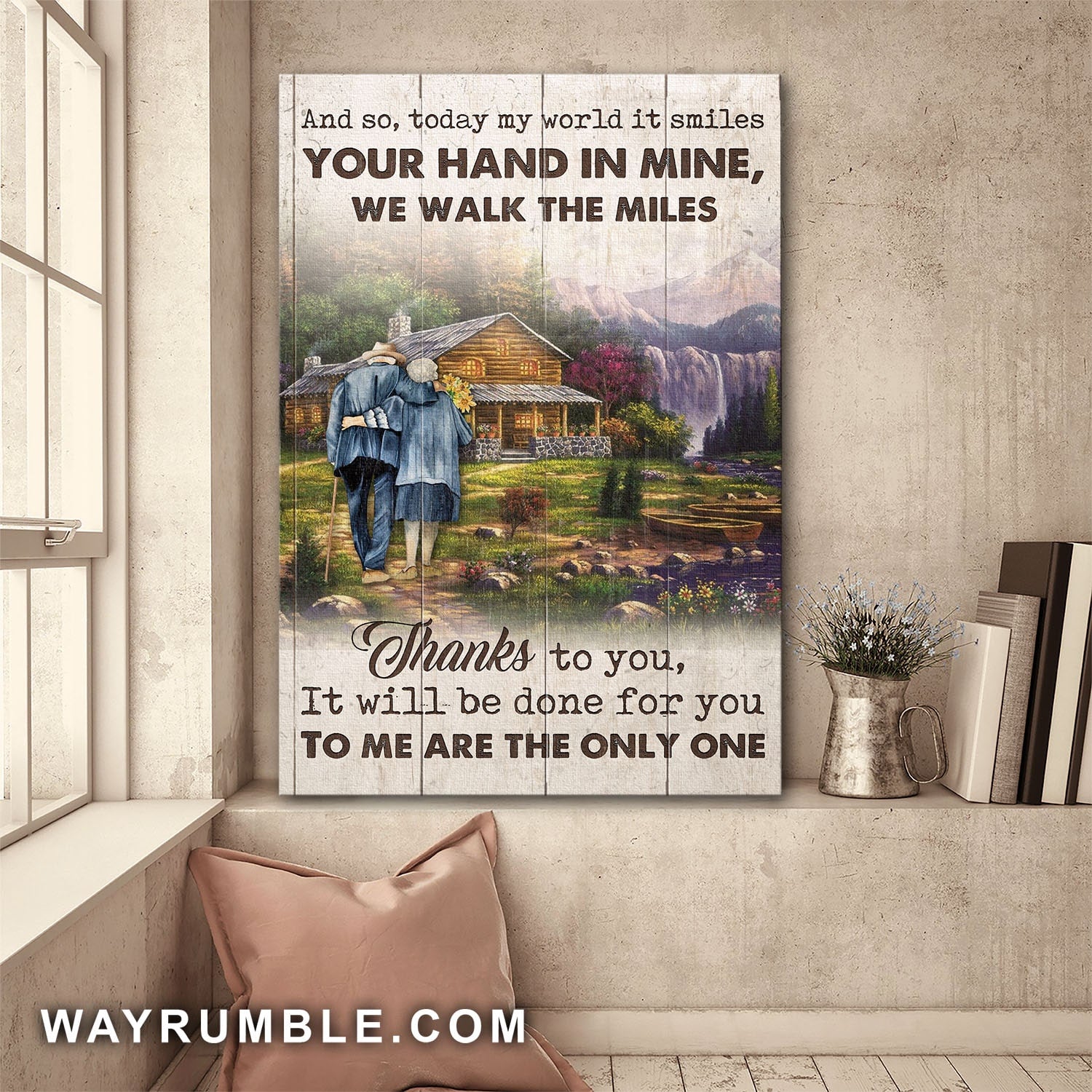 Old couple walking, Green house, Your hand in mine, we walk the miles - Couple Portrait Canvas Prints, Wall Art