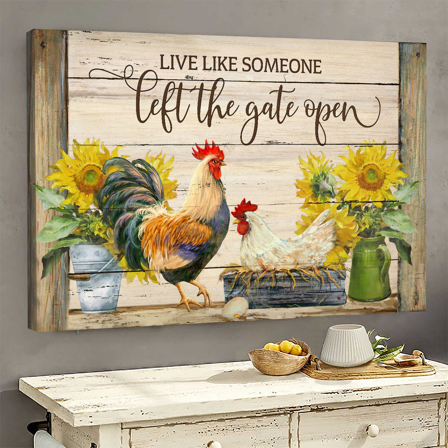 Farm, Chicken couple, Sunflower - Live like someone, left the gate open Landscape Canvas Prints, Wall Art