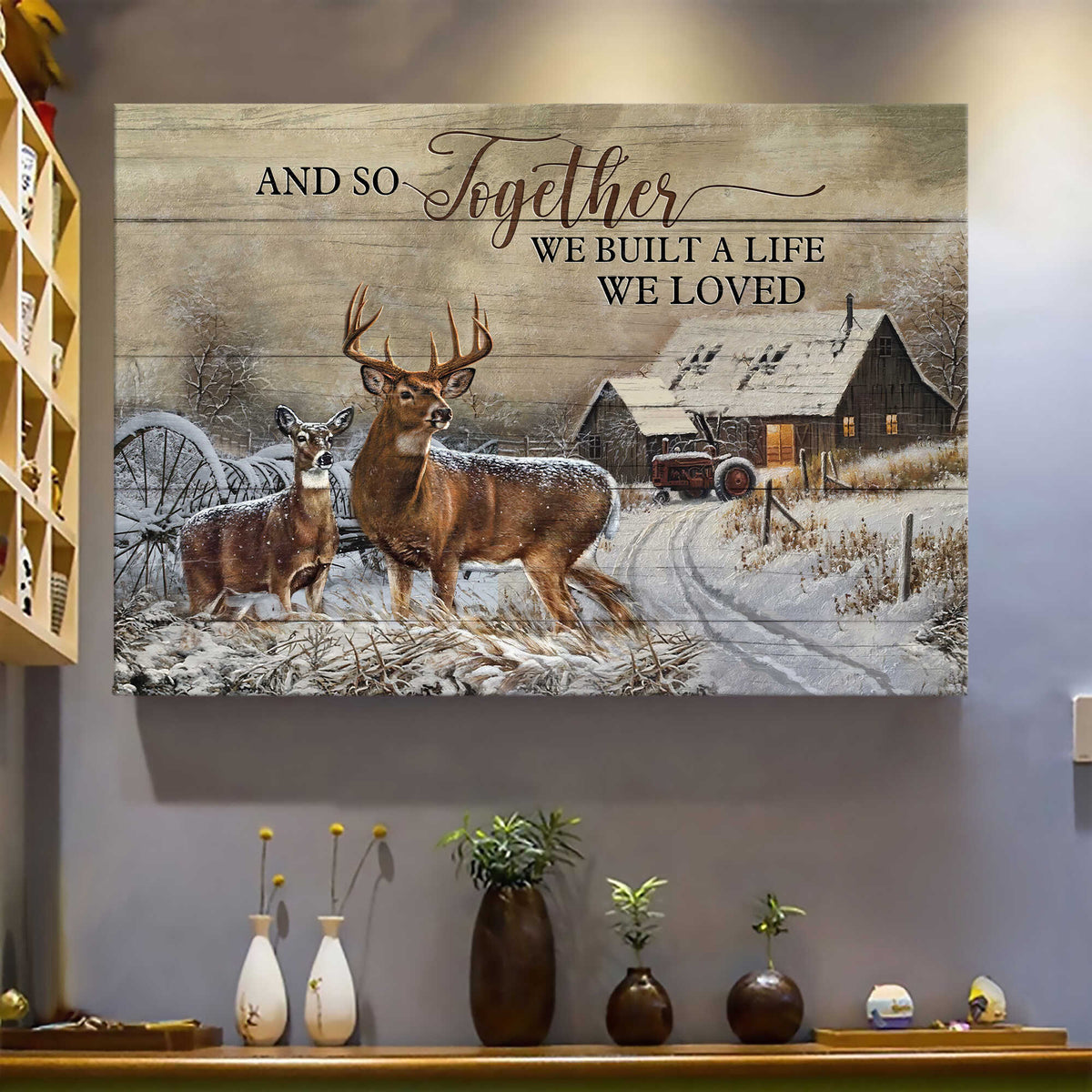 Deer couple, Winter farm, And so together we built a life we loved - Couple Landscape Canvas Prints, Wall Art