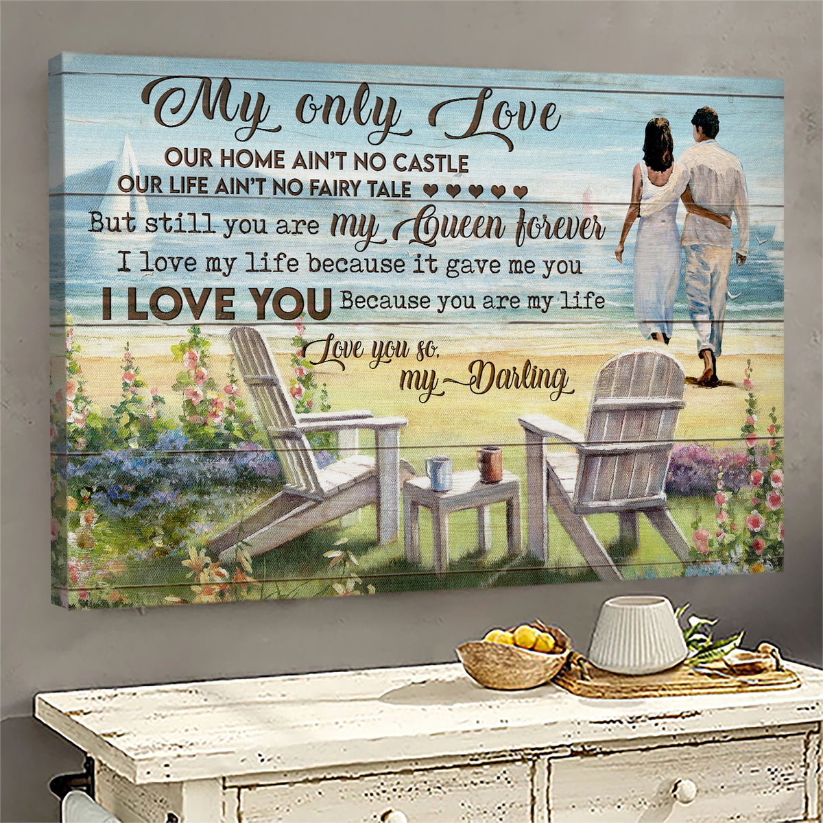 Couple, Flower Garden, Sea Landscape, Chair, My only love, I love you because you&#39;re my life - Couple Landscape Canvas Prints, Wall Art