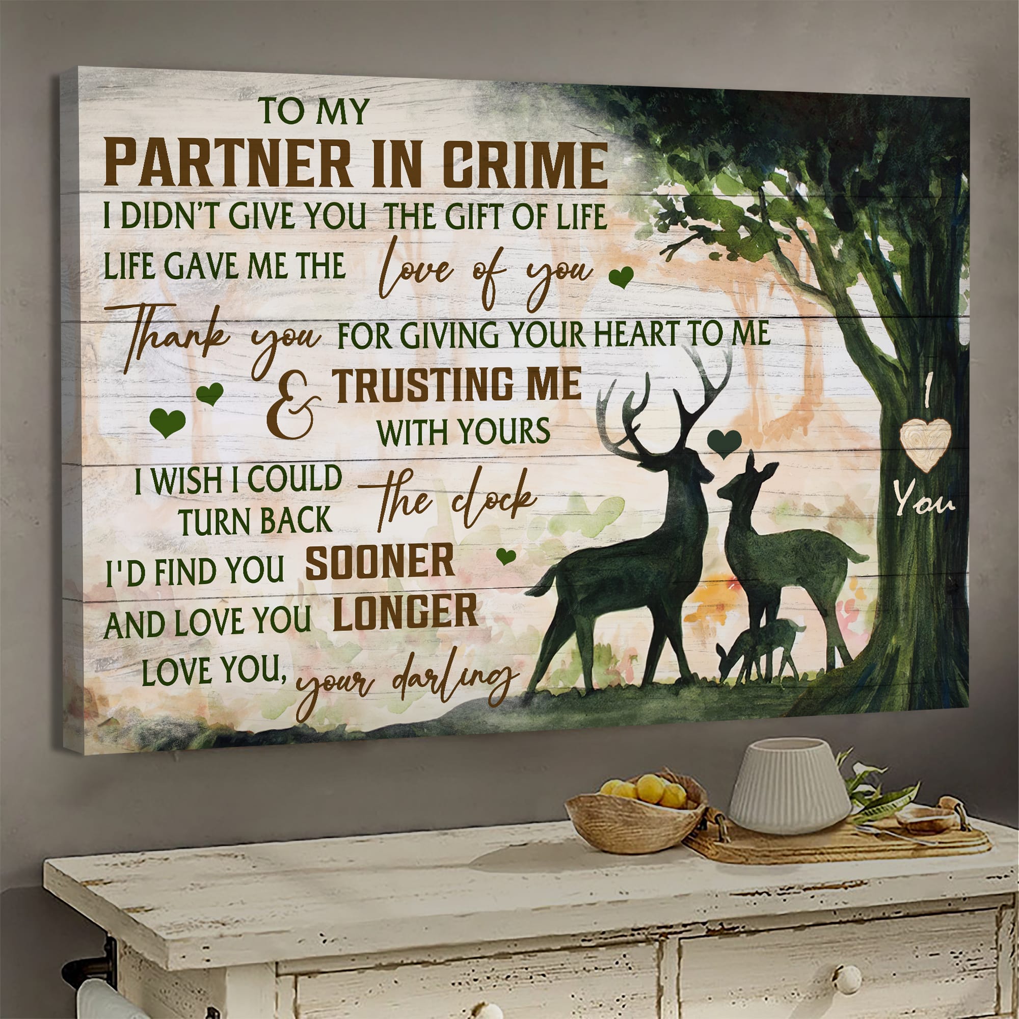 Deer family, Under the tree, To my partner in crime, Thank you for giving your heart to me - Couple Landscape Canvas Prints, Wall Art