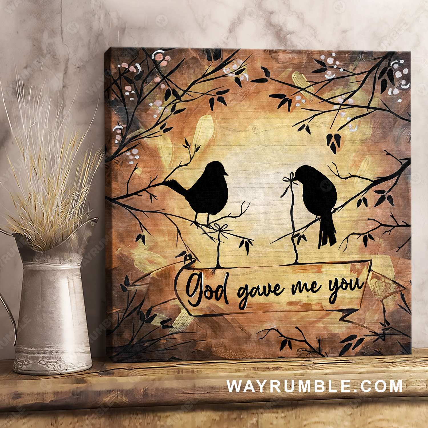 Bird couple silhouette, Sunset painting, Vintage painting, God gave me you - Couple Square Canvas Prints, Wall Art