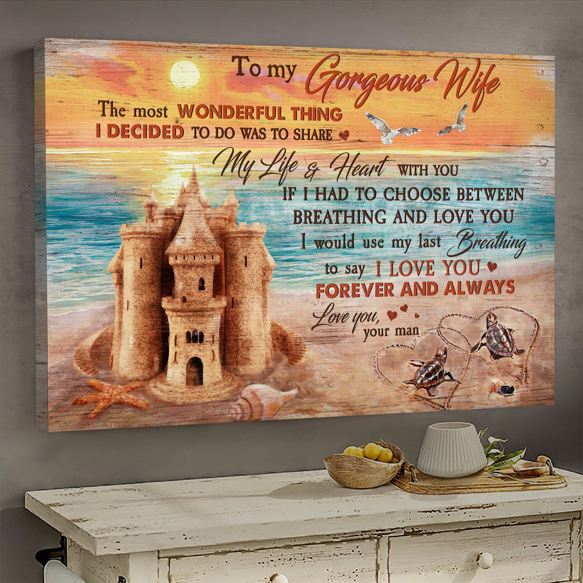 To my wife, Sand Castle, Sunset beach, Turtle, I love you forever and always - Couple Landscape Canvas Prints, Wall Art