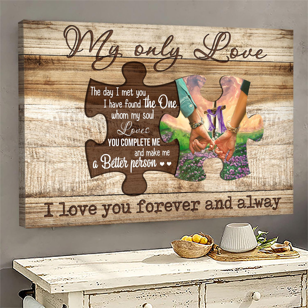 Insert, Cross, Flower field, My only love, You complete me &amp; make me a better person - Couple Landscape Canvas Prints, Wall Art