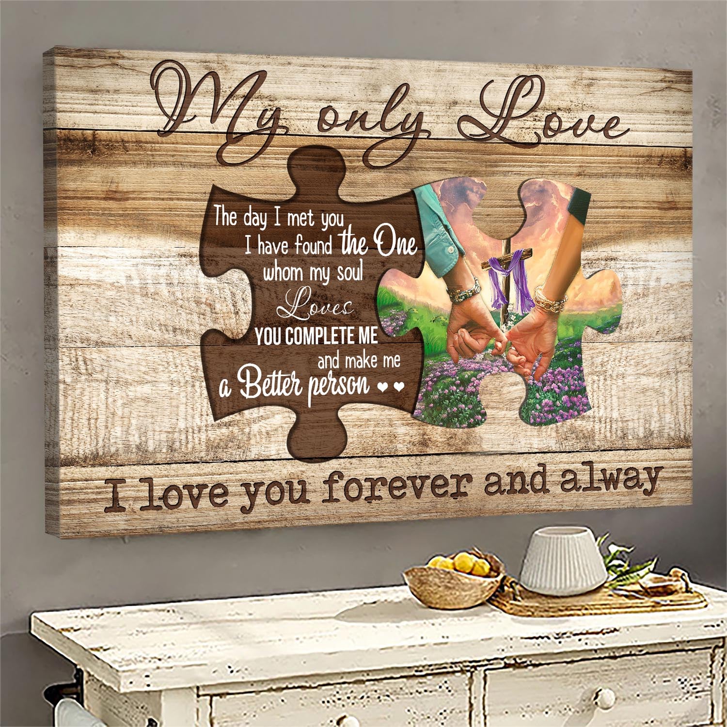 Insert, Cross, Flower field, My only love, You complete me & make me a better person - Couple Landscape Canvas Prints, Wall Art