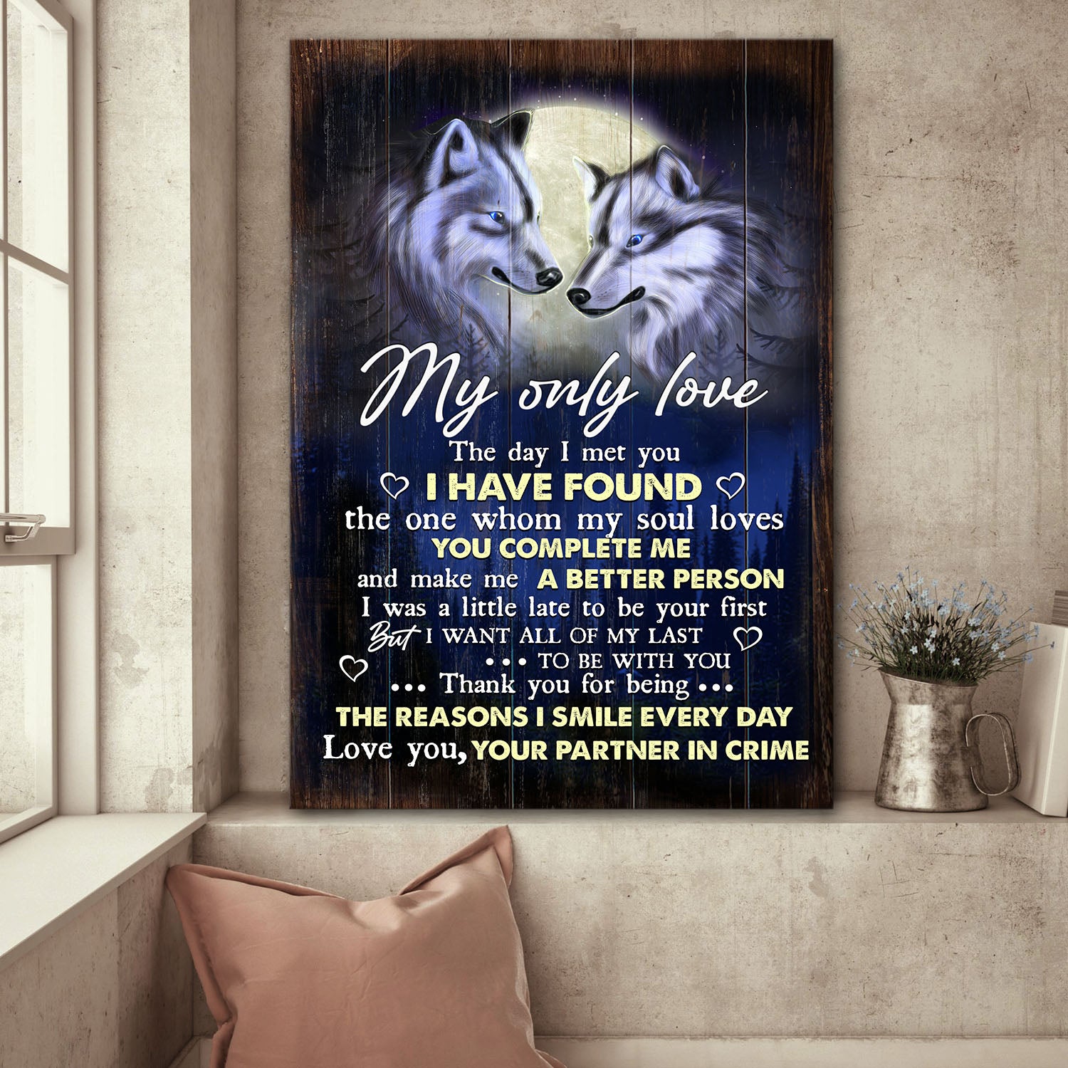 Wolf couple, Full moon, Love you, your partner in crime - Couple Portrait Canvas Print, Wall Art