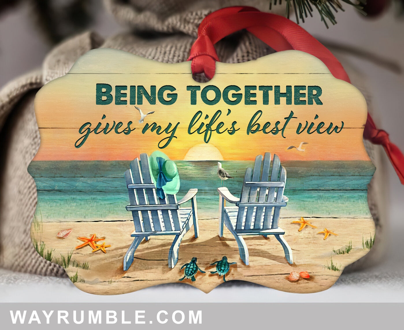 Couple of Adirondack chair on beach  - Being together gives my life's best view - Aluminum Ornament