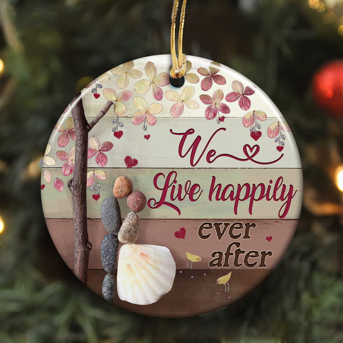 Couple - Pebble couple - We live happily ever after - Circle Ceramic Ornament