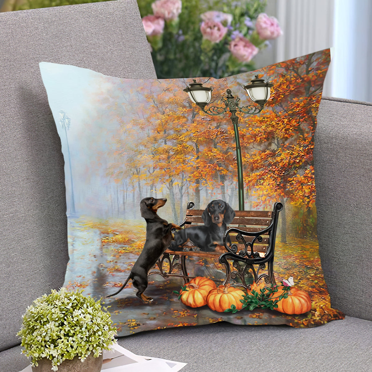 Dachshund drawing, Orange pumpkin, Halloween pattern - Dachshund AOP Pillow