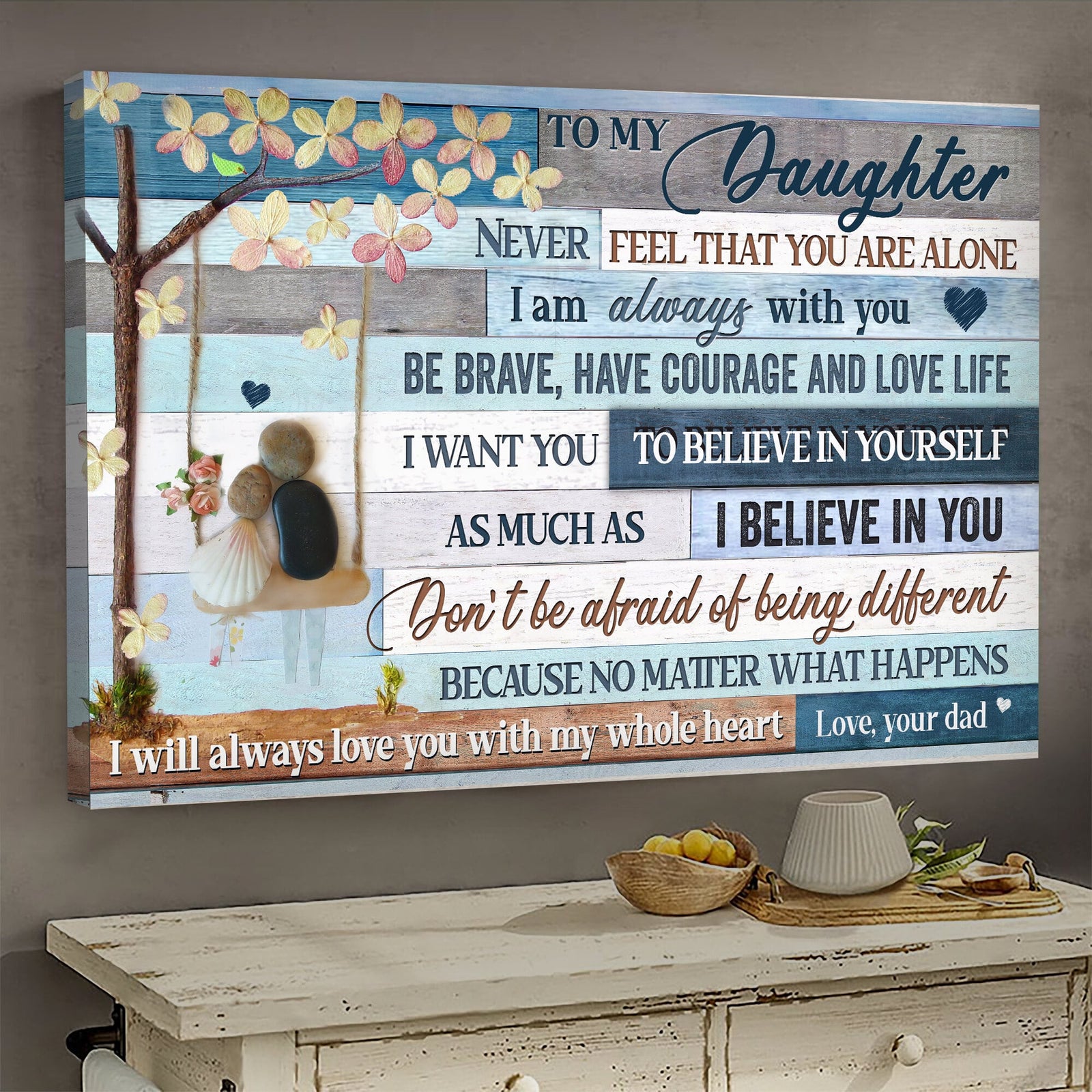 Dad to daughter, Pebble dad and daughter, Sitting on the swing, Never feel that you are alone - Family Landscape Canvas Prints, Wall Art