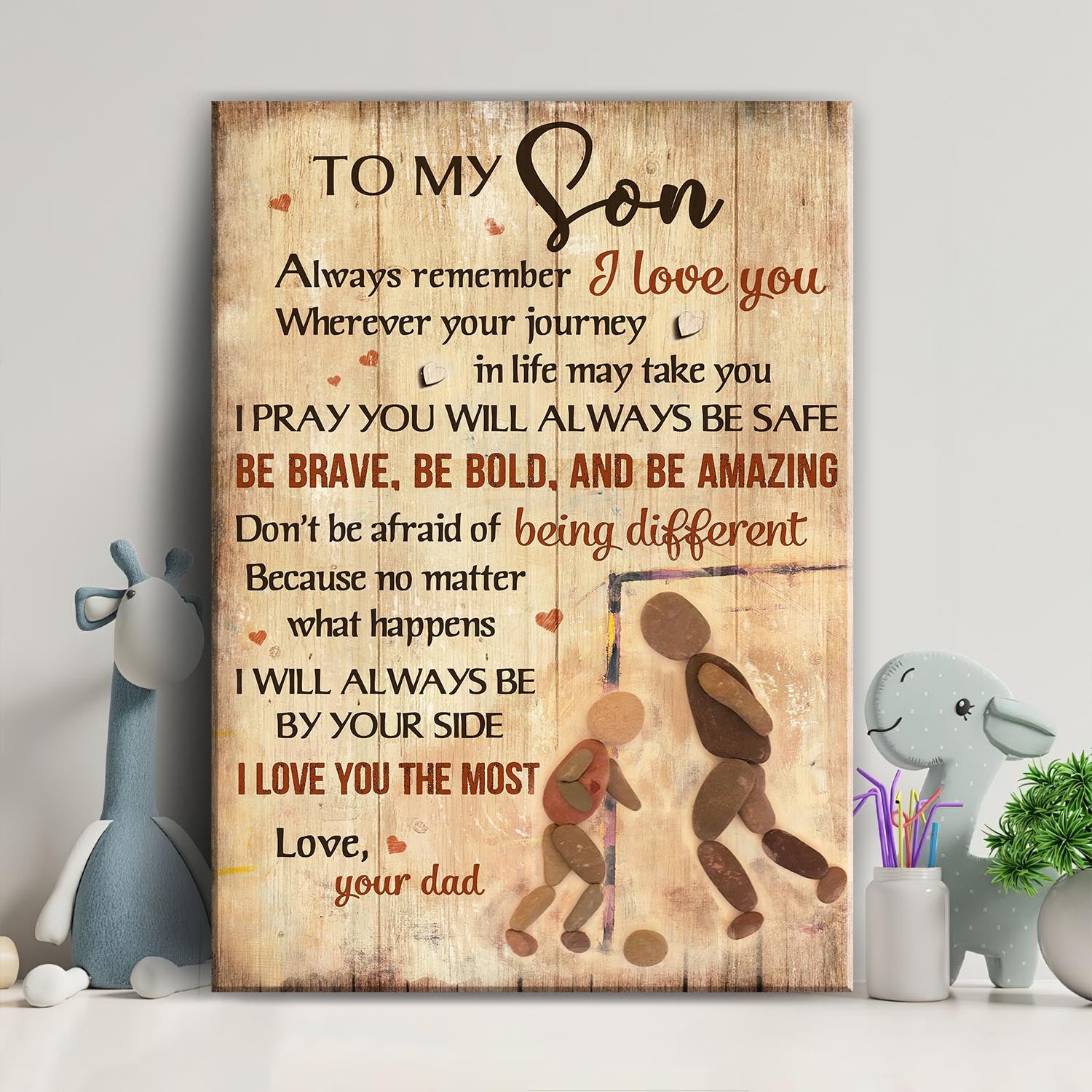 Dad to son, Pebble dad and son, Playing soccer, Always remember I love you - Family Portrait Canvas Prints, Wall Art