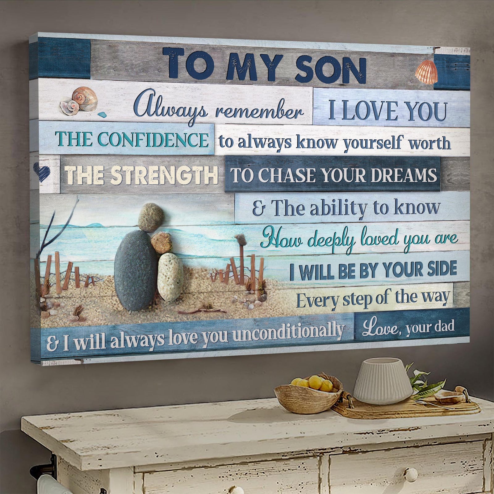 Dad to son, Pebble dad and son, Sitting on sea sand, Always remember I love you - Family Landscape Canvas Prints, Wall Art