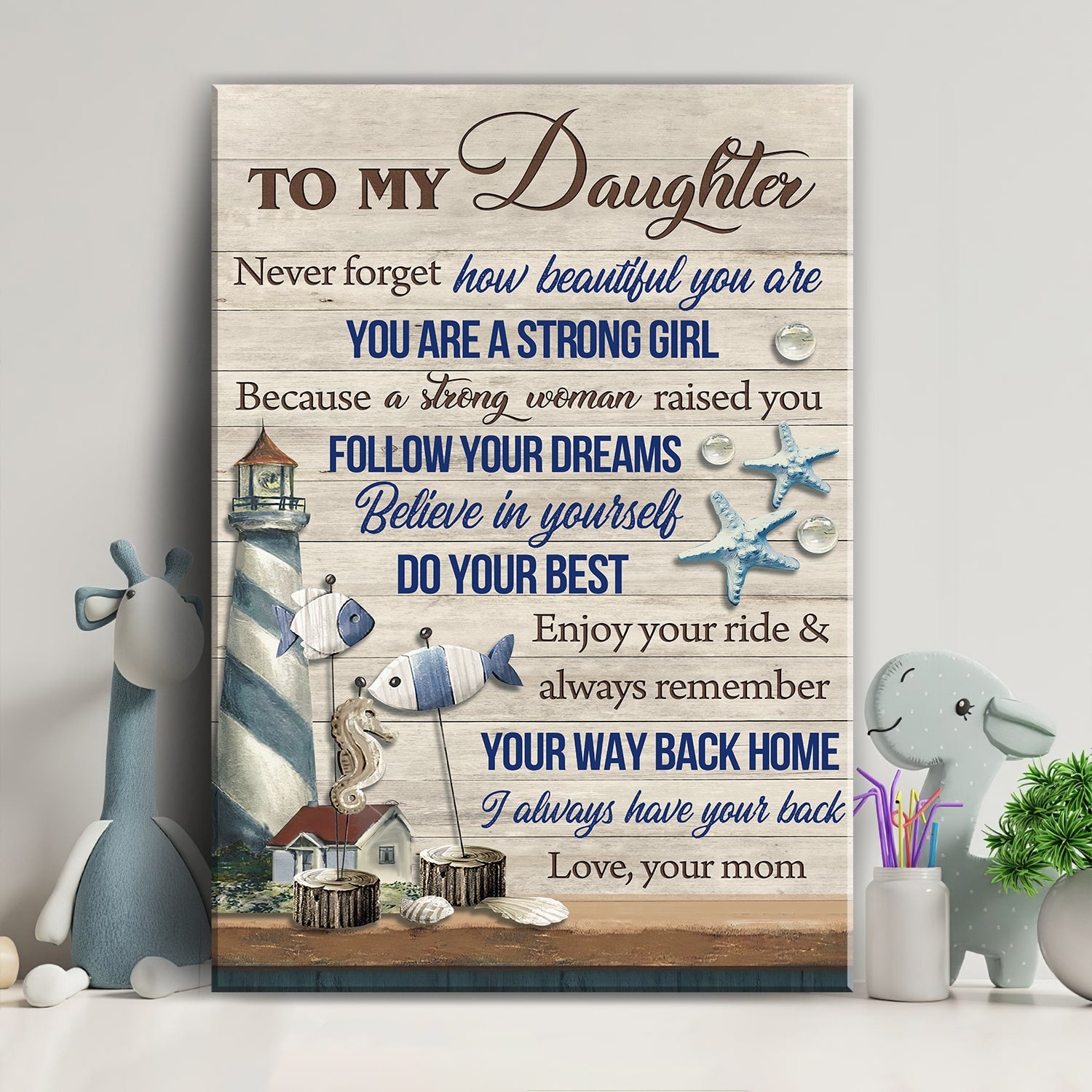 Mom to daughter, Lighthouse, Ocean View, Never forget how beautiful you are - Family Portrait Canvas Prints, Wall Art