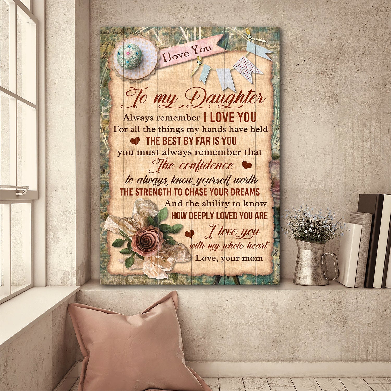 Mom to daughter, Rose, Vintage Painting, I love you with my whole heart - Family Portrait Canvas Prints, Wall Art