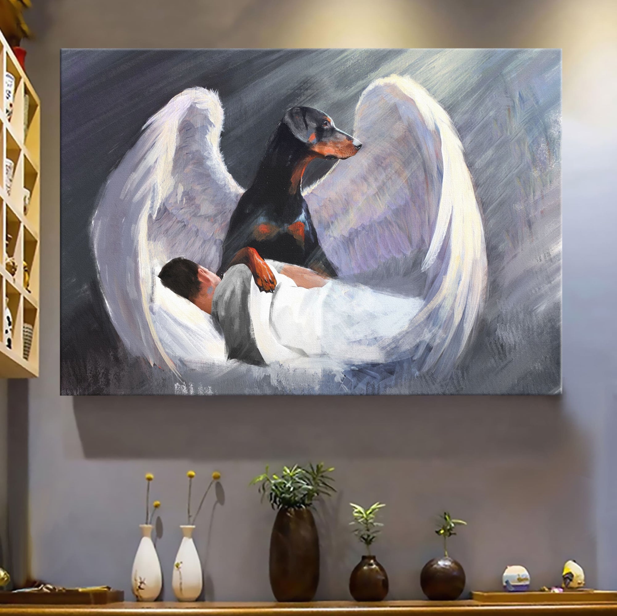 Sleeping man, Doberman, Beautiful Wings, I'll protect you - Doberman Landscape Canvas Prints, Wall Art