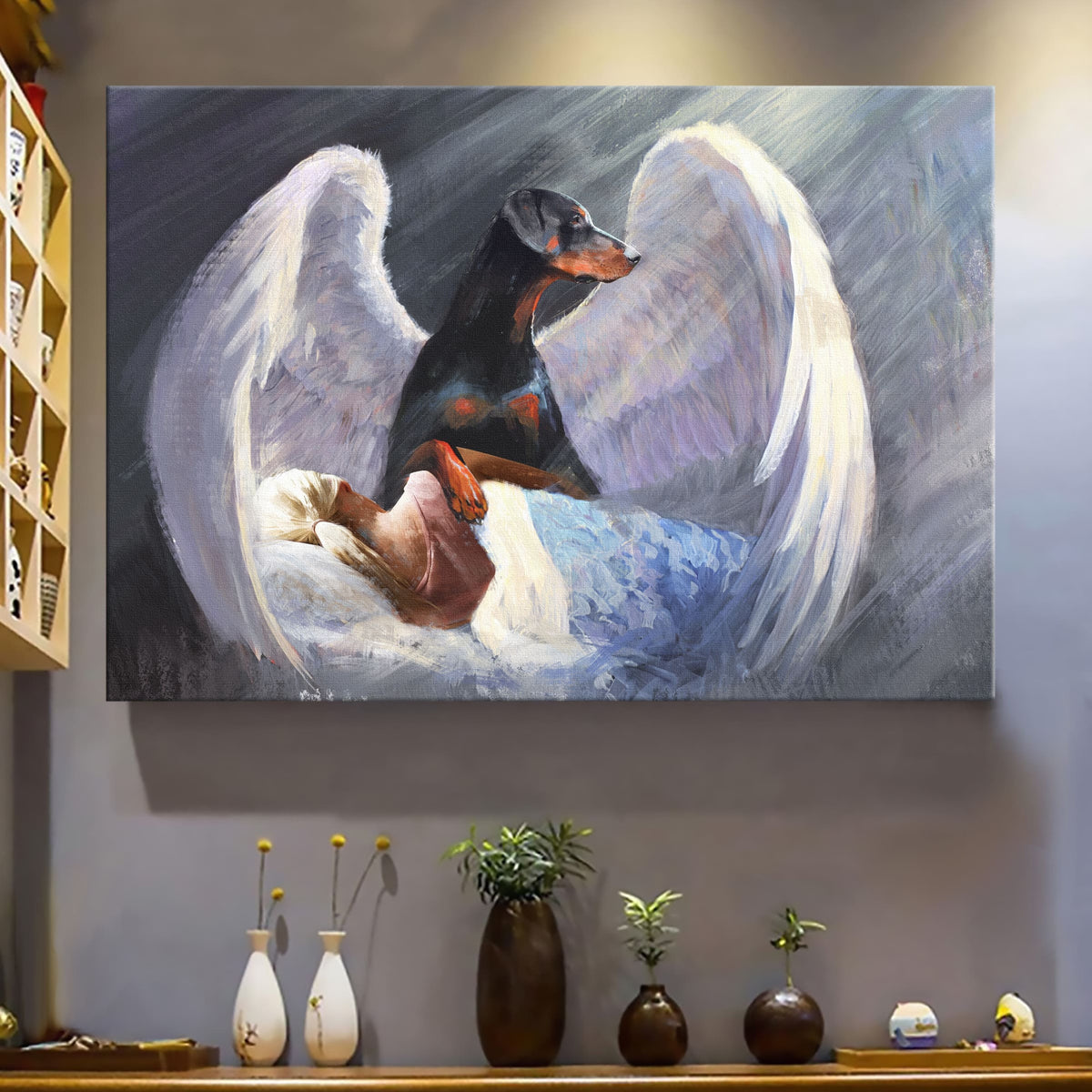Sleeping girl, Doberman, Beautiful Wings, I&#39;ll protect you - Doberman Landscape Canvas Prints, Wall Art