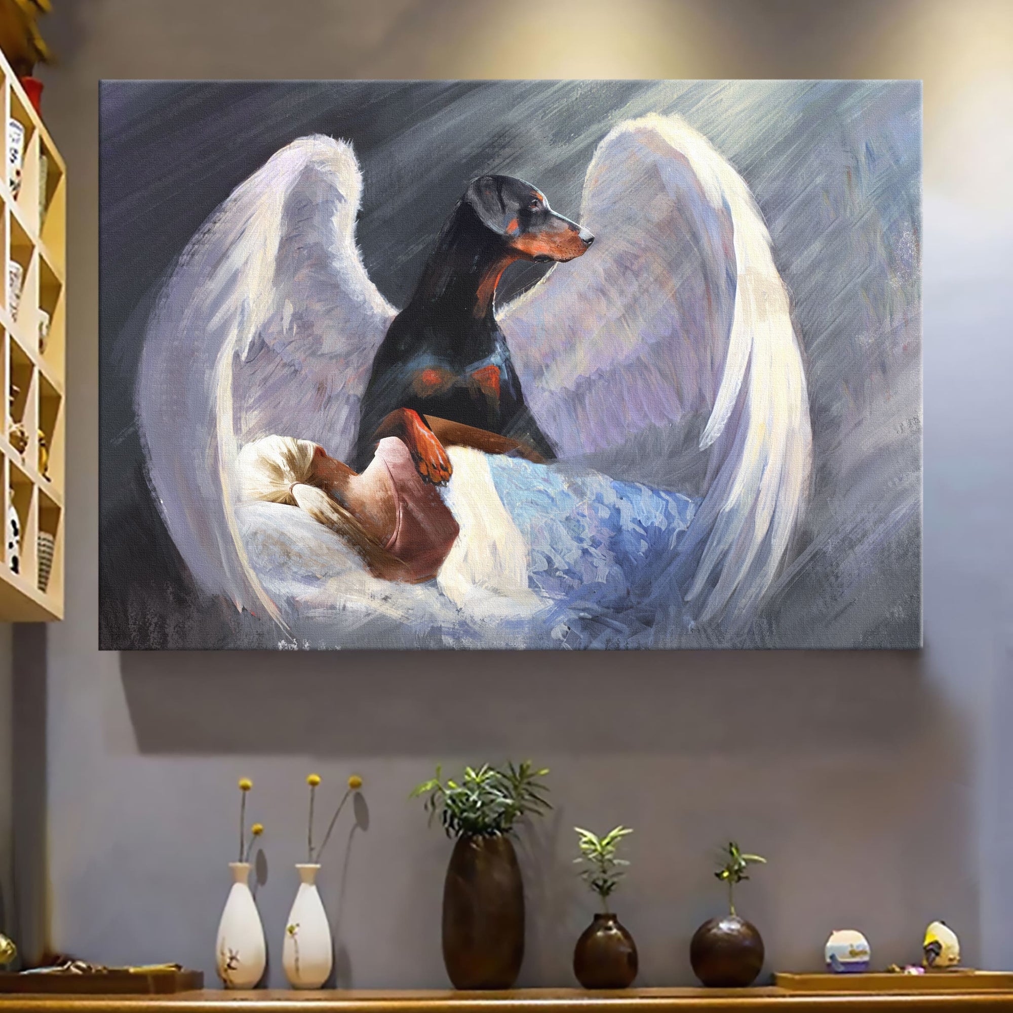 Sleeping girl, Doberman, Beautiful Wings, I'll protect you - Doberman Landscape Canvas Prints, Wall Art