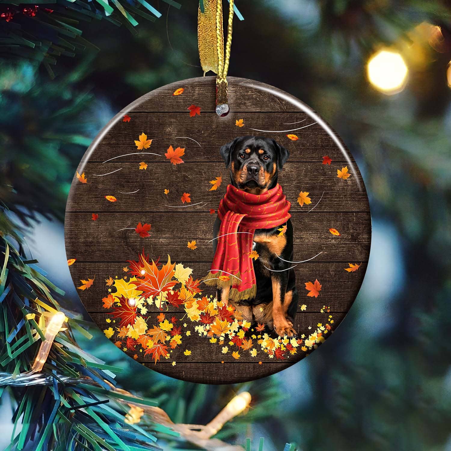 Rottweiler, beautiful autumn - Rottweiler and the red leaves Dog Circle ceramic Ornament