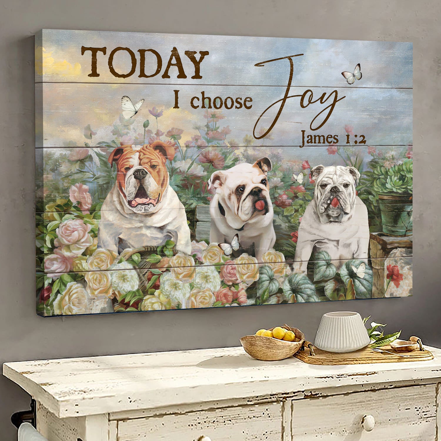 English bulldog, Flower garden, Butterfly, Today I choose joy - Dog Landscape Canvas Prints, Wall Art
