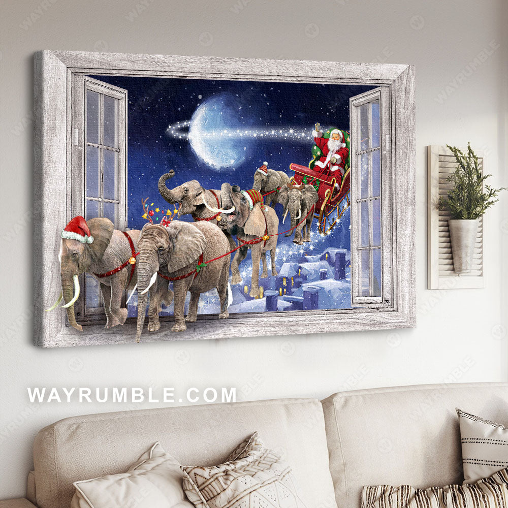 Elephant drawing, Christmas painting, Santa Claus - Elephant Landscape Canvas Prints, Wall Art
