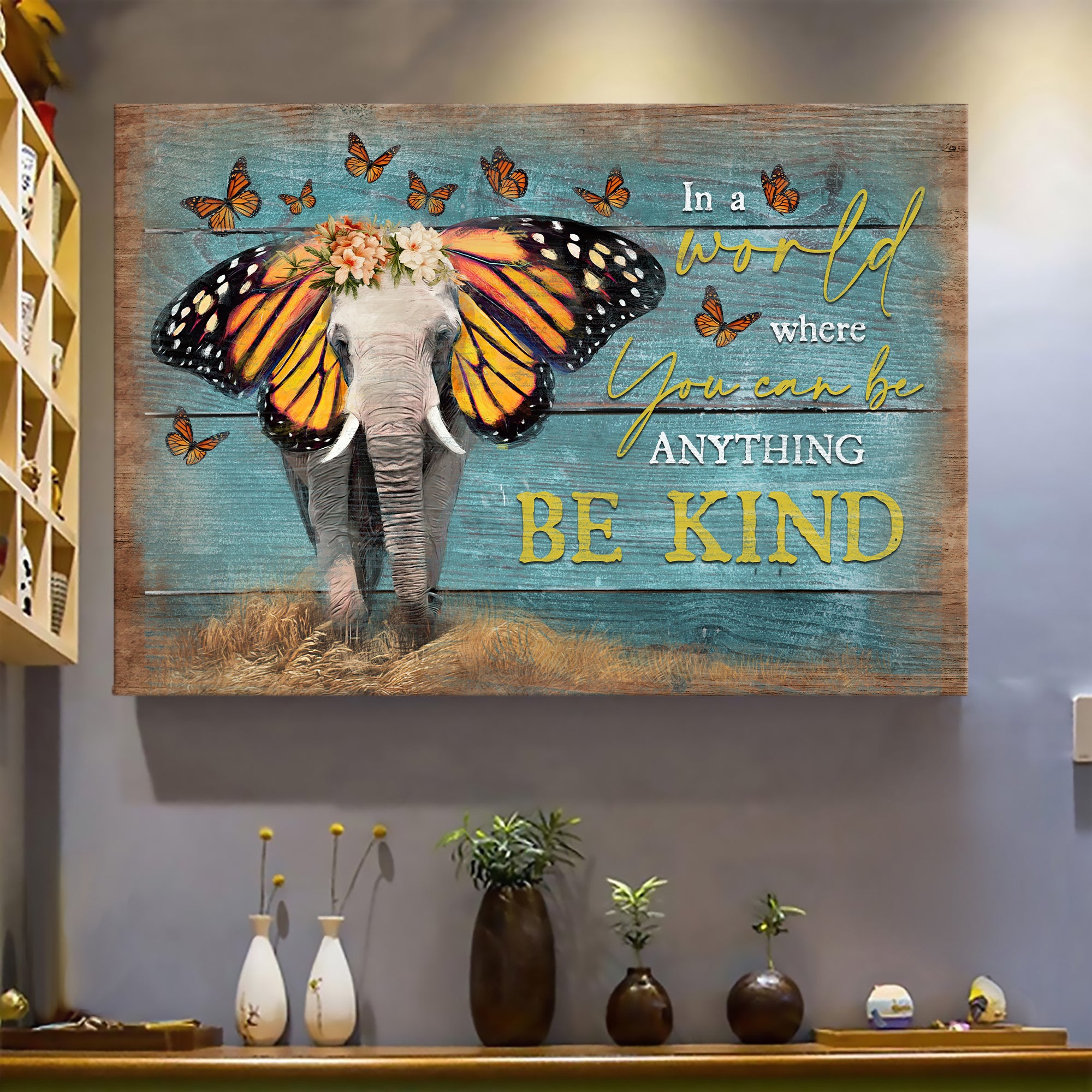 Cute Elephant, Butterfly - In a world where you can be anything, be kind Elephant Landscape Canvas Prints, Wall Art