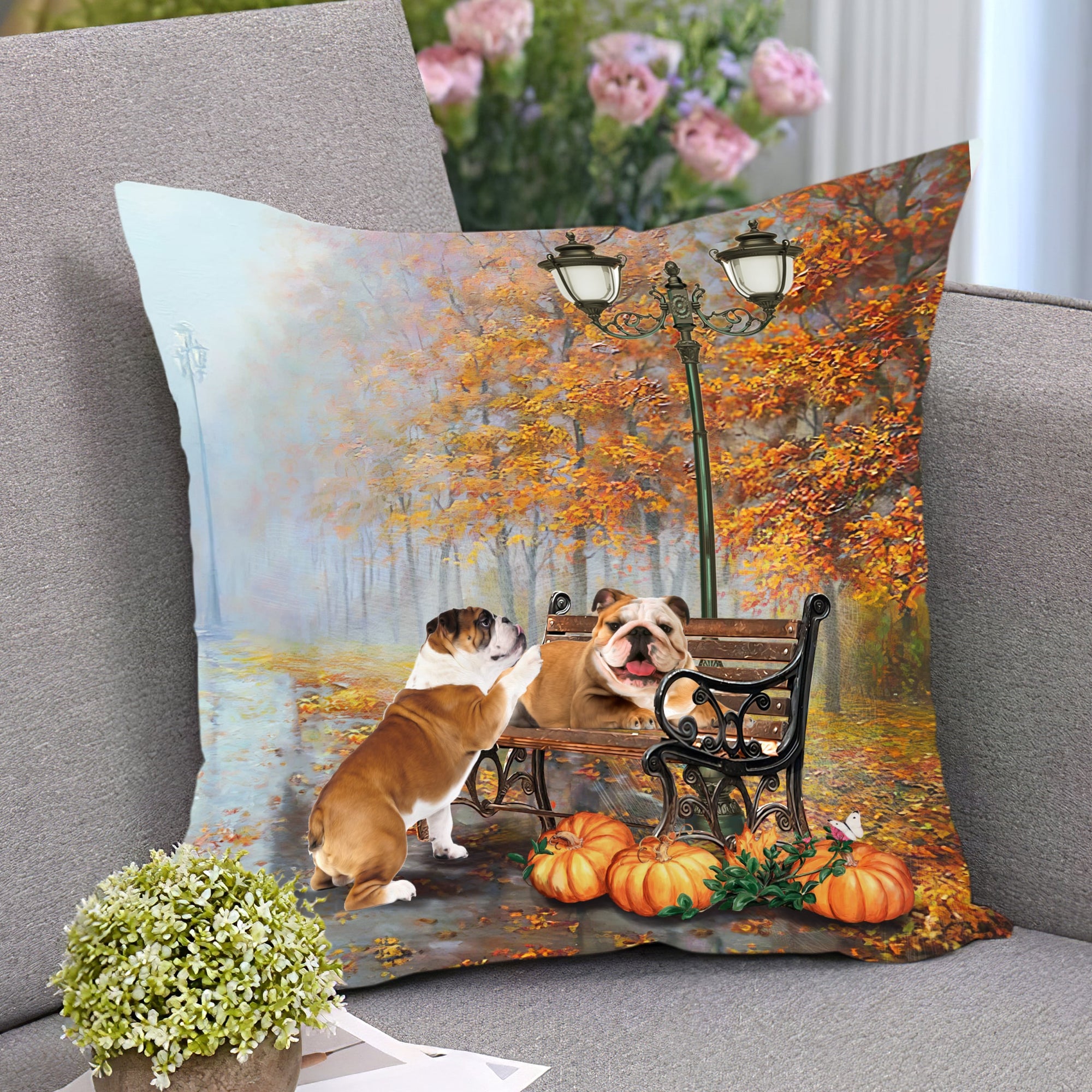 English Bulldog and Halloween pumpkins English Bulldog AOP Pillow