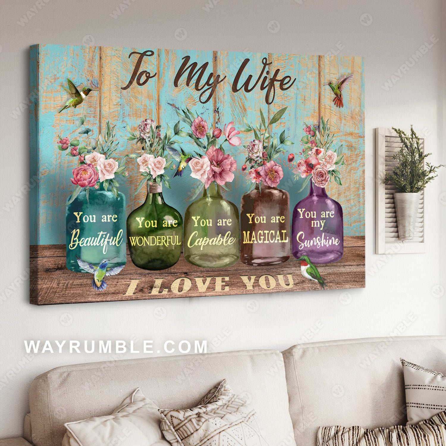 To my wife, Red rose, Hummingbird painting, You are beautiful and wonderful - Family Landscape Canvas Prints, Wall Art