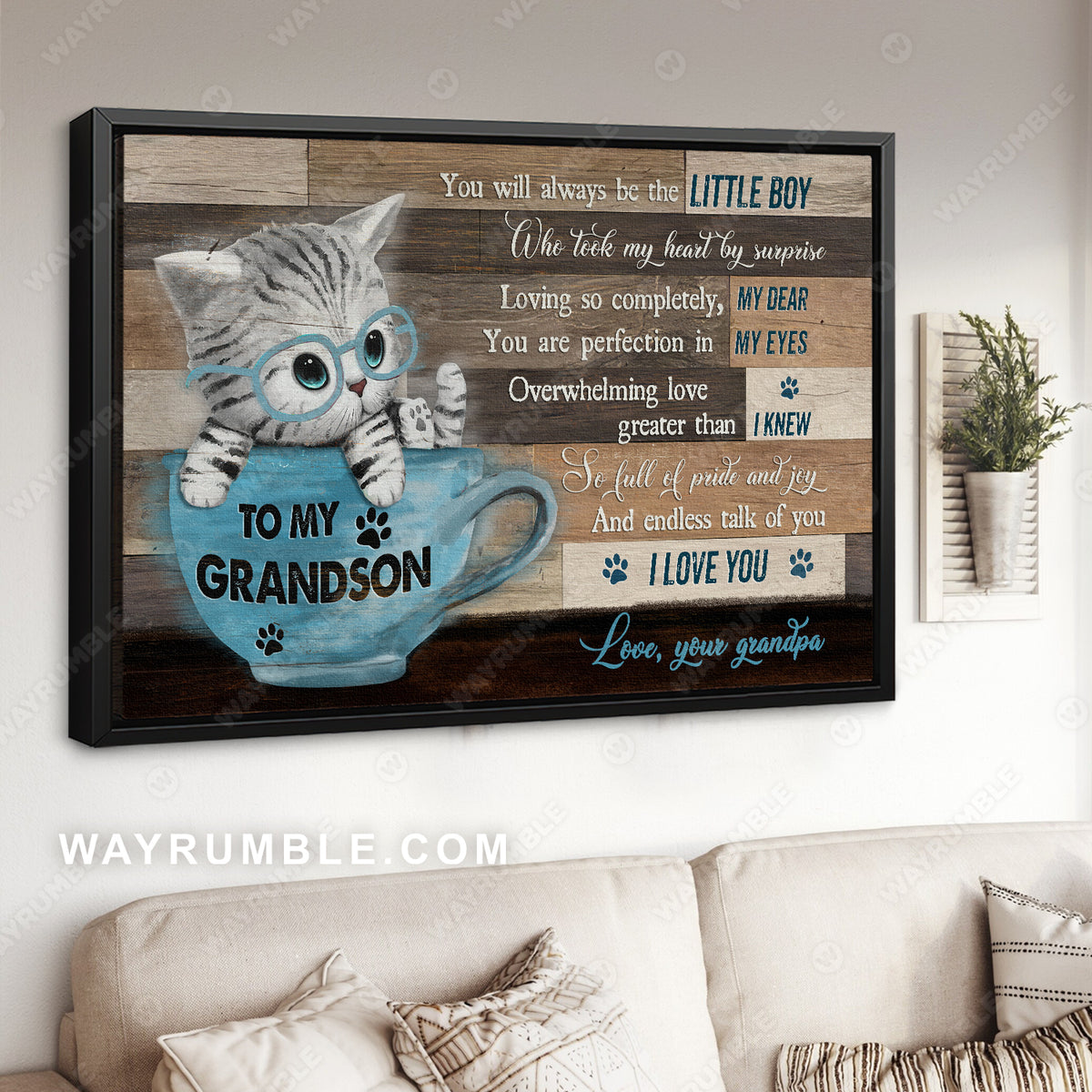Grandpa to grandson, Cute kitten, Coffee cup, You will always be the little boy - Family Landscape Canvas Prints, Wall Art