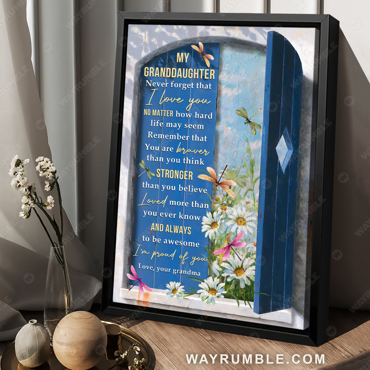 Grandma to grandaughter, Lovely dragonfly, Daisy garden, Never forget that I love you - Family Portrait Canvas Prints, Wall Art