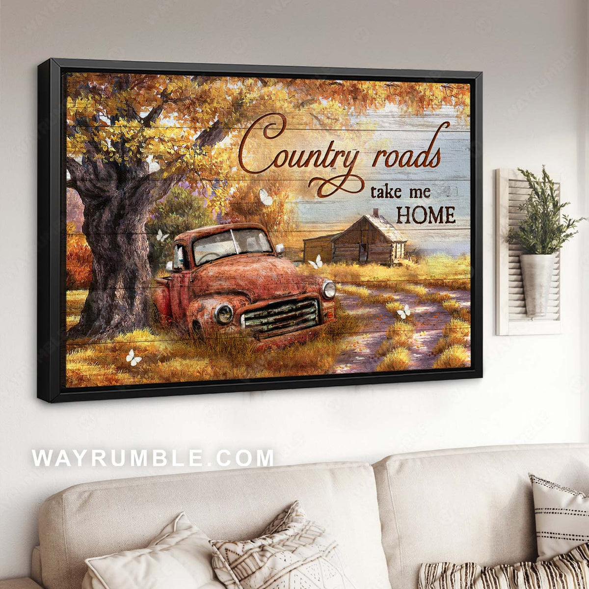 Gorgeous autumn season, White butterfly, Old red truck, Country roads take me home - Family Landscape Canvas Prints, Wall Art