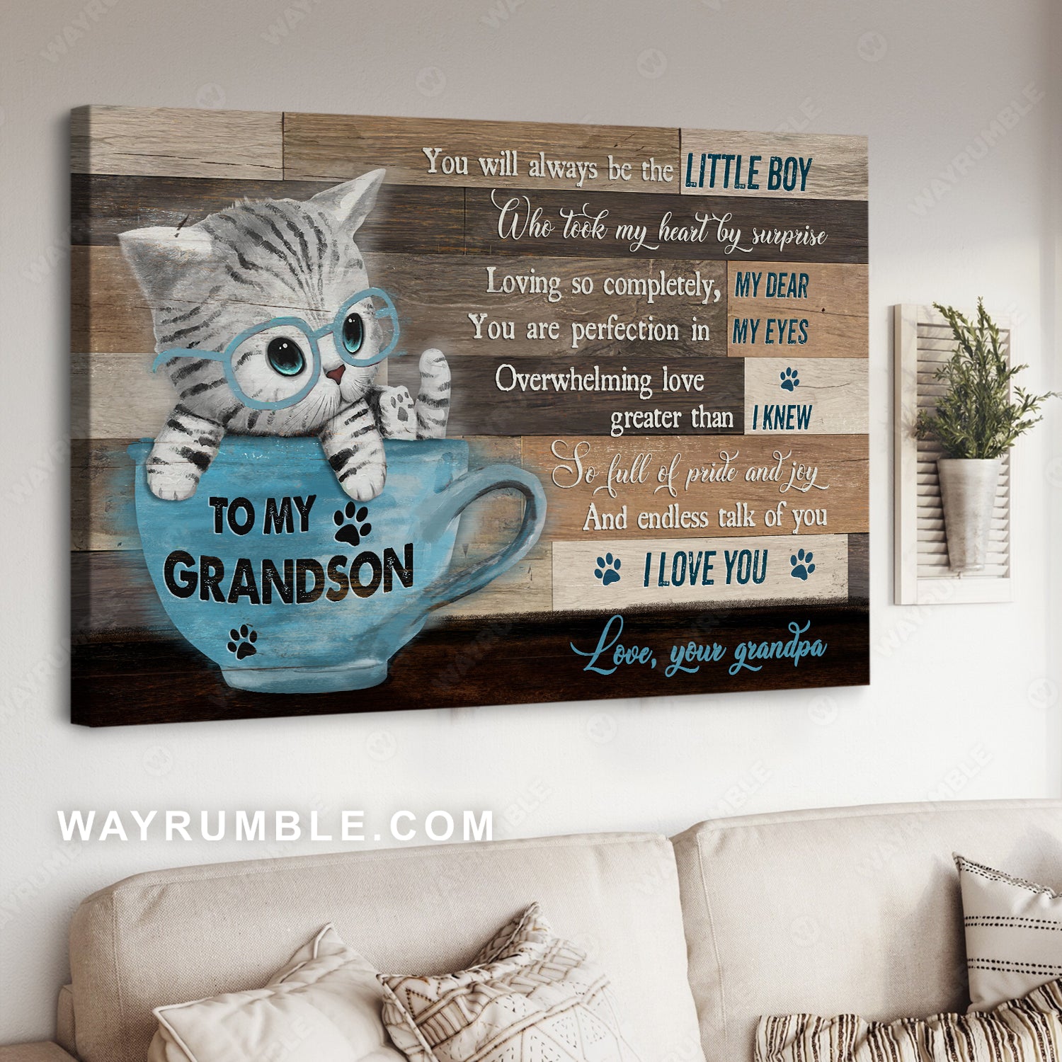 Grandpa to grandson, Cute kitten, Coffee cup, You will always be the little boy - Family Landscape Canvas Prints, Wall Art