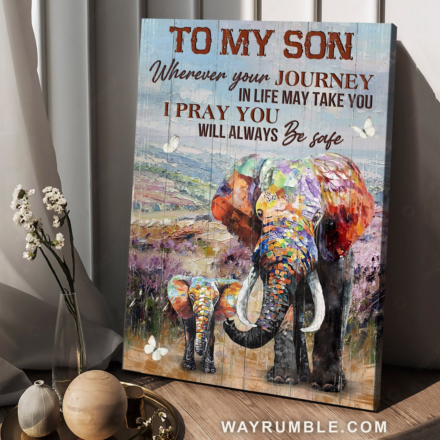 To my son, Watercolor elephant, Flower field, Butterfly, I pray you will always be safe - Family Portrait Canvas Prints, Home Decor Wall Art
