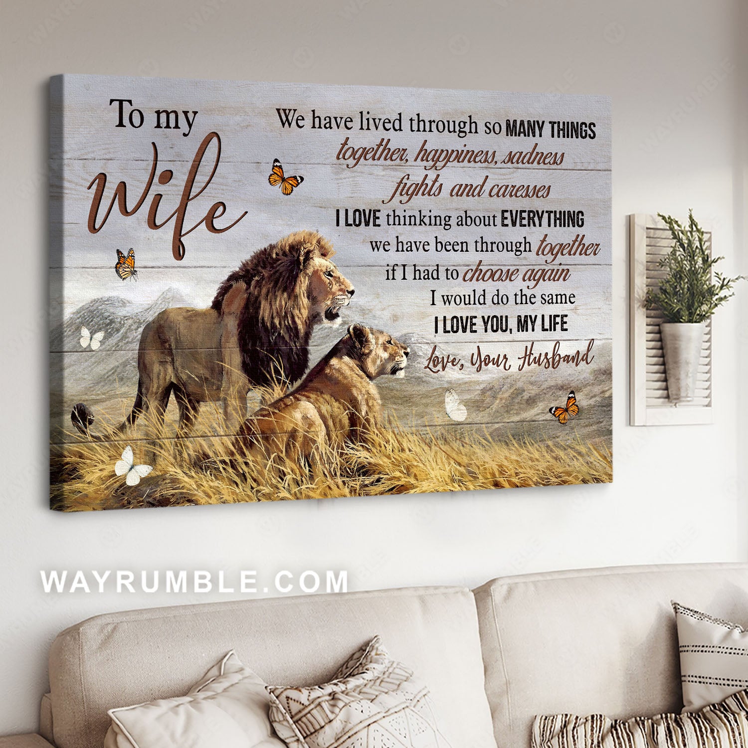 To my wife, Lion couple, Tranquil scenery, We have lived through many things together - Family Landscape Canvas Prints, Wall Art