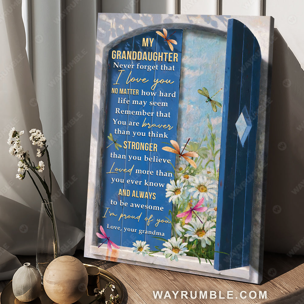 Grandma to grandaughter, Lovely dragonfly, Daisy garden, Never forget that I love you - Family Portrait Canvas Prints, Wall Art