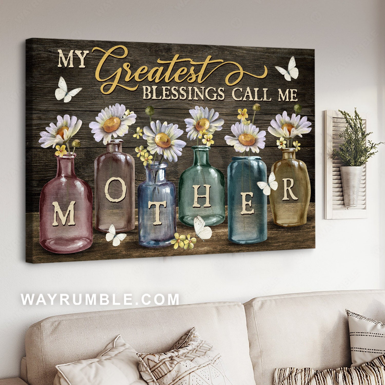Lovely daisy vase, White butterfly, Happy family, My greatest blessings call me Mother - Family Landscape Canvas Prints, Wall Art