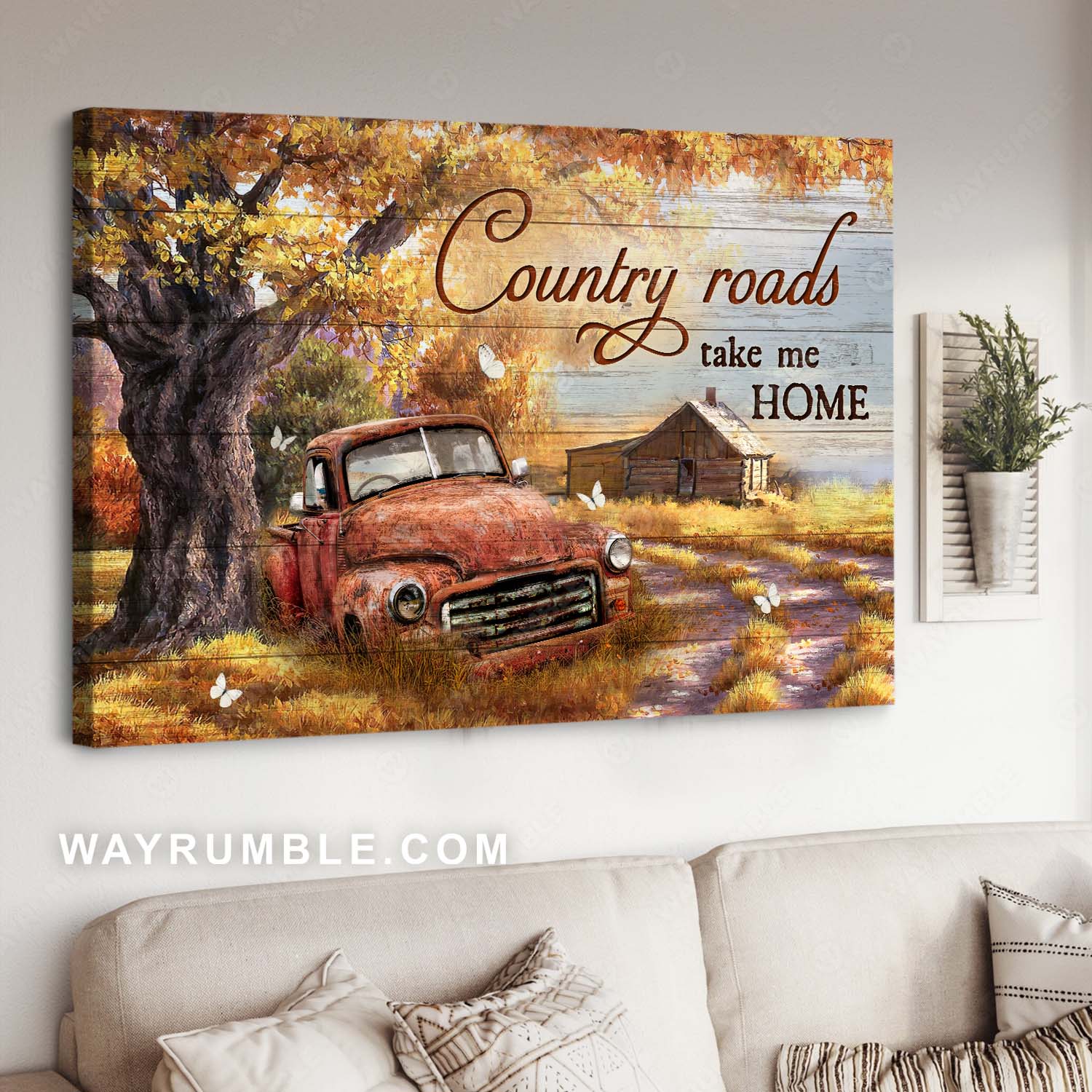 Gorgeous autumn season, White butterfly, Old red truck, Country roads take me home - Family Landscape Canvas Prints, Wall Art