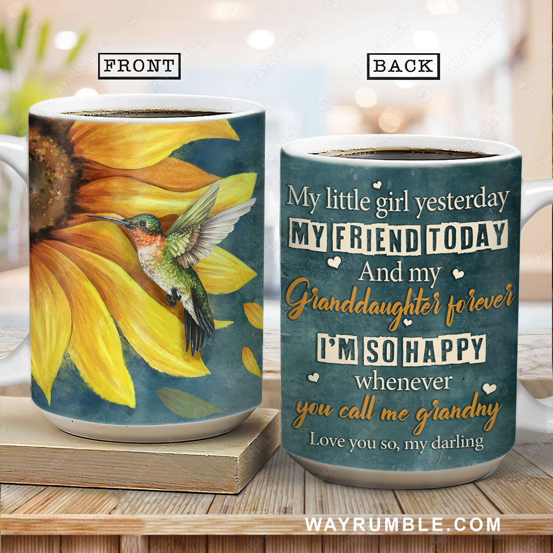 Grandma to granddaughter, Lovely hummingbird, Sunflower drawing, I'm so happy whenever you call me grandny - Family AOP Mug