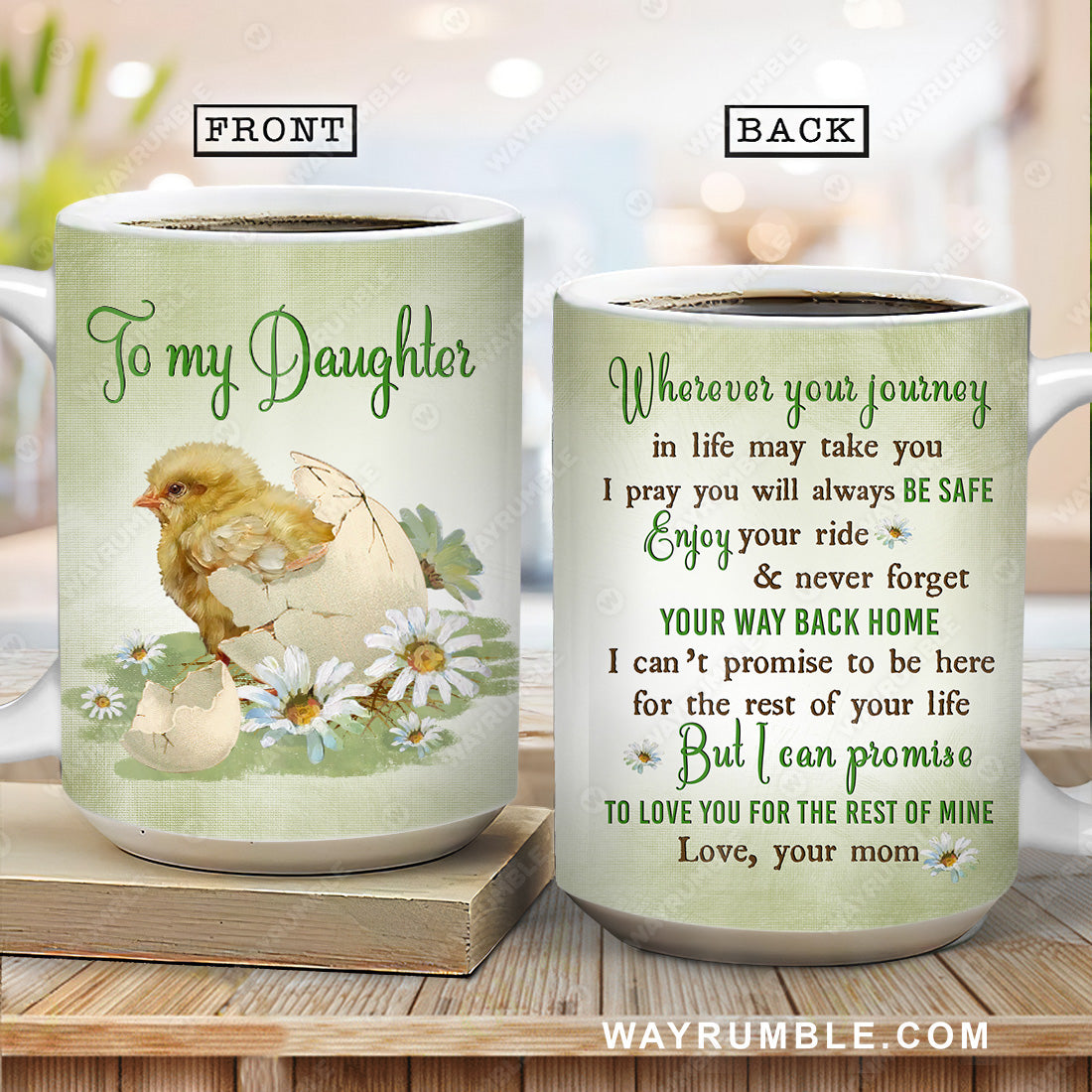 Mom to daughter, Chick hatching, Daisy flowers, Wherever your journey in life may take you - Family AOP Mug