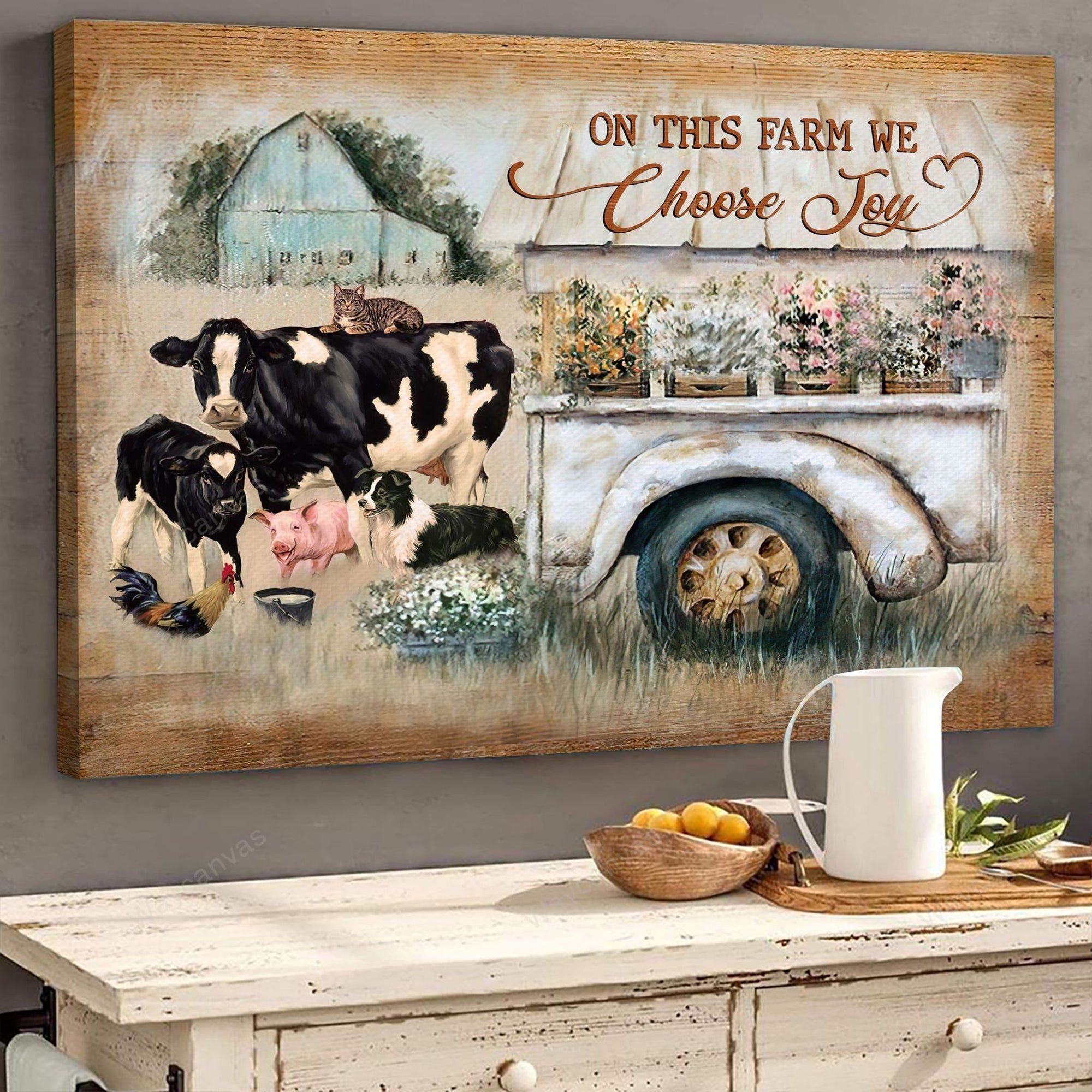 Cattle, Flower car, Old Barn Painting, On this farm we choose Joy - Farm Landscape Canvas Prints, Wall Art