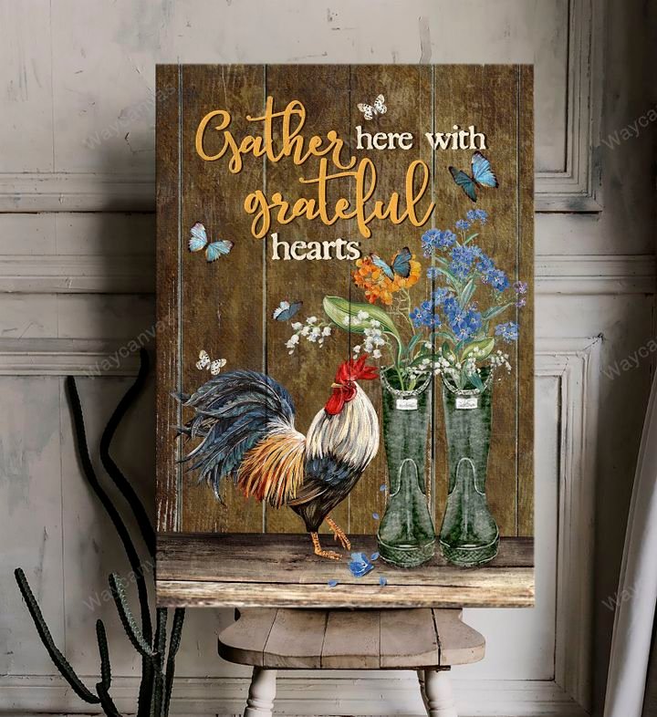 Rooster chicken, Blue flower, Dark yellow background, Gather here with grateful hearts - Farm Portrait Canvas Prints, Wall Art