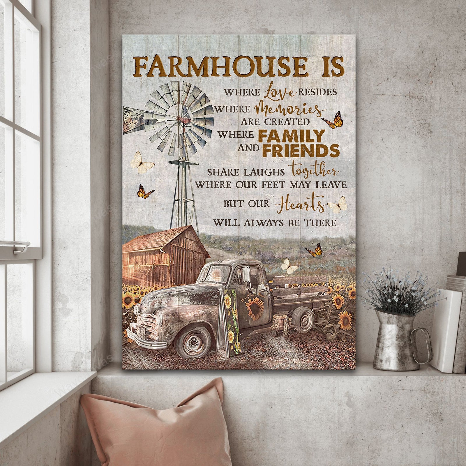 Sunflower field, Car, Windmill, Butterfly, Farmhouse is where our hearts always be - Farm Portrait Canvas Prints, Wall Art