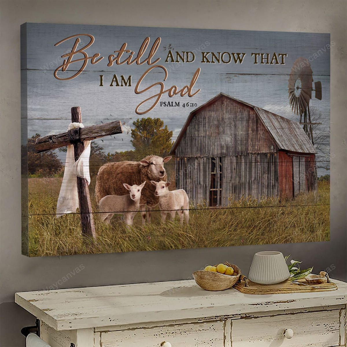 Sheep on farm, Old Barn Painting, Wooden Cross, Be still and know that I am God - Jesus Landscape Canvas Prints, Wall Art