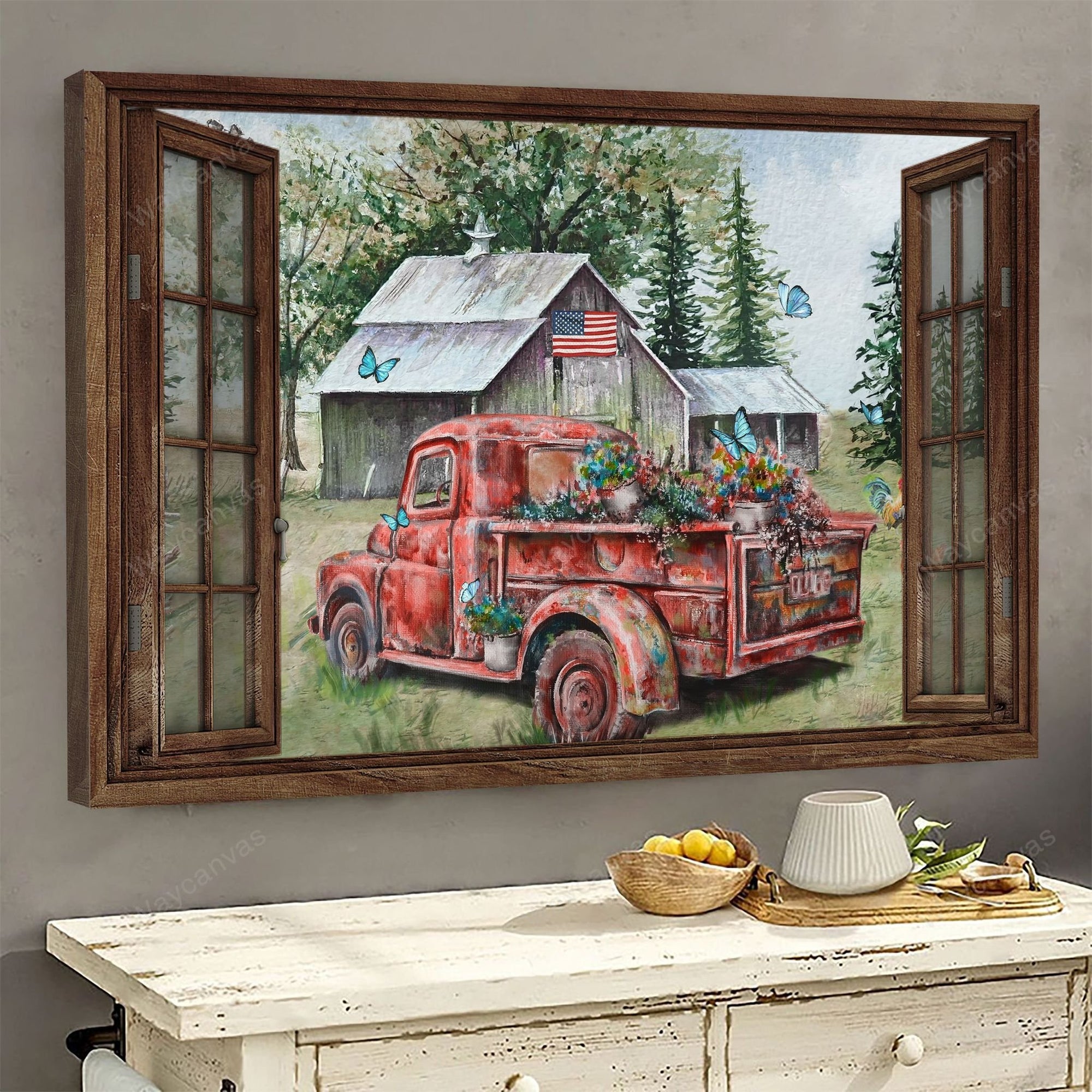 Red truck painting, Green meadow with vintage house - Farm Landscape Canvas Prints Wall Art