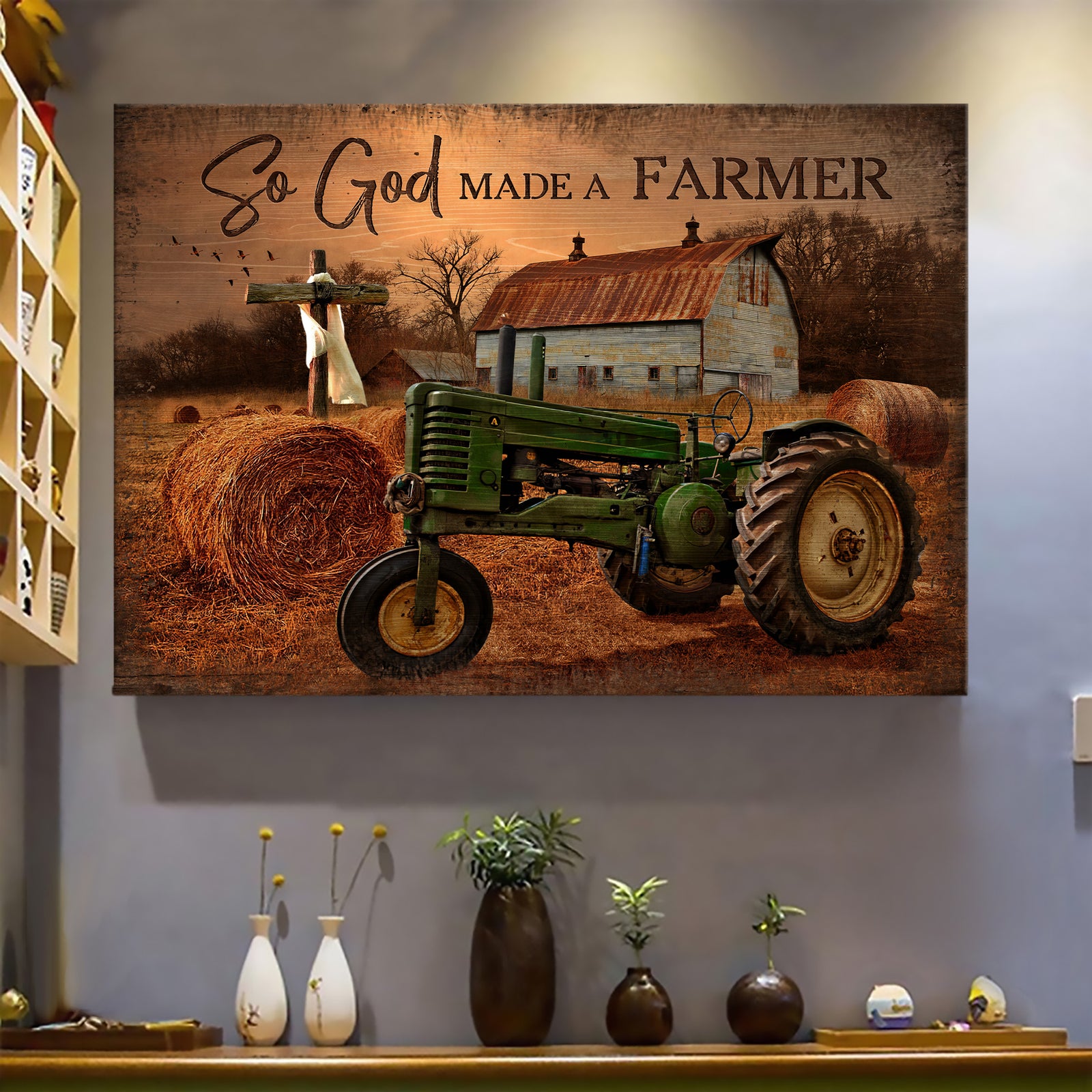 Electric tricycle, Hay roll, Cross, Old Barn Painting, So God made a farmer - Jesus Landscape Canvas Prints, Wall Art