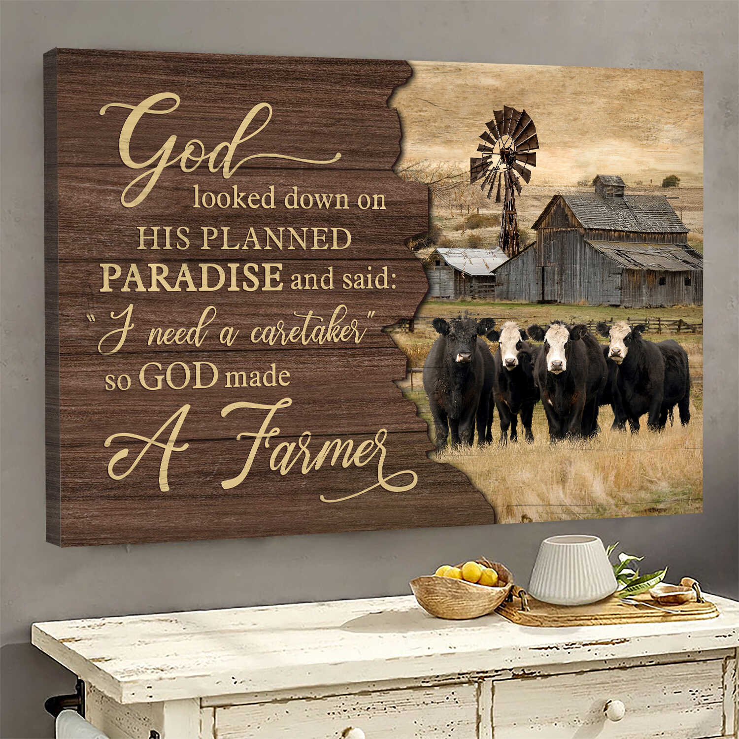Lucky cow painting, Green meadow, God looked down on his planned paradise - Jesus Landscape Canvas Prints Wall Art